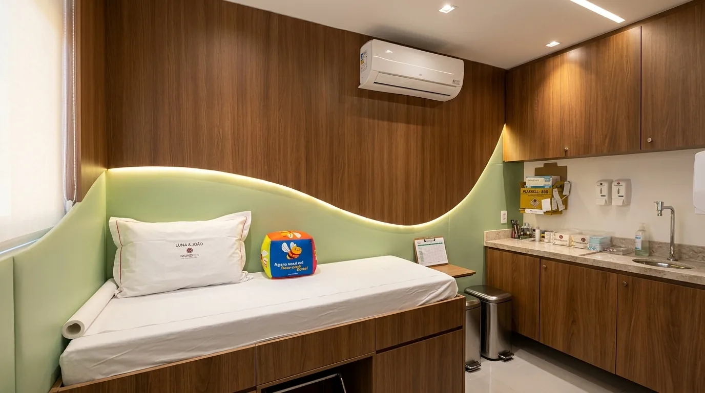 Sala de vacinação da Imunofer, com maca, travesseiro com a marca e iluminação acolhedora