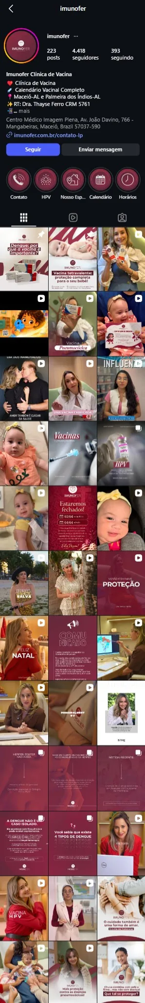 Perfil @imunofer no Instagram, com os destaques, o calendário vacinal e as publicações da clínica